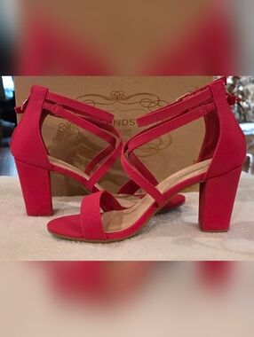 Strappy Red Block Heel Sandals with Ankle Zip